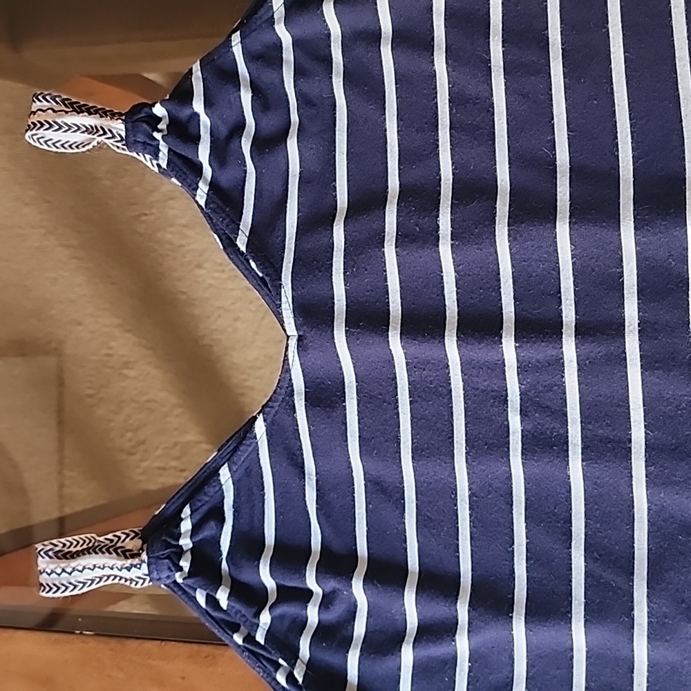 MAX STUDIO Navy & White Stripe Swing Tank with Embroidery Detail Size Small